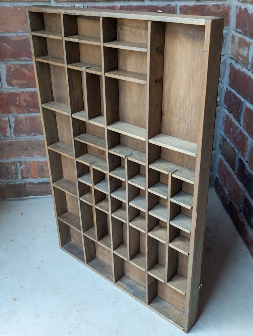 Vtg Large 44-Compartment Trinket Shelf Display Printing Tray Style Wooden Curio